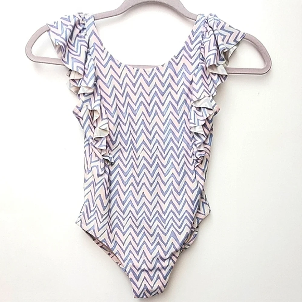 Crew Cuts Pink Blue Ruffle Chevron Swim Suit Size 8 yrs